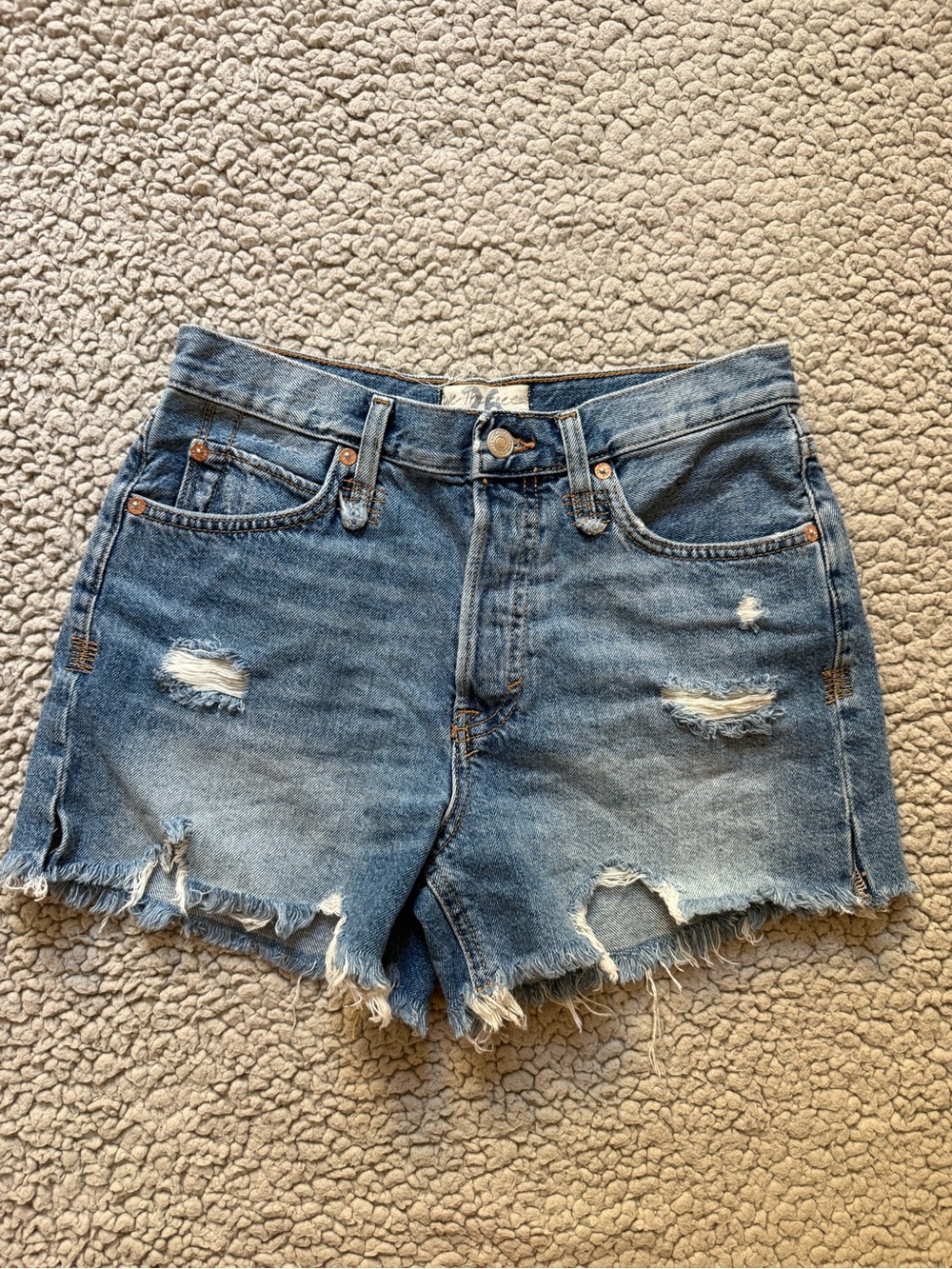 Free people Distressed High-Rise Denim Shorts in Medium Blue